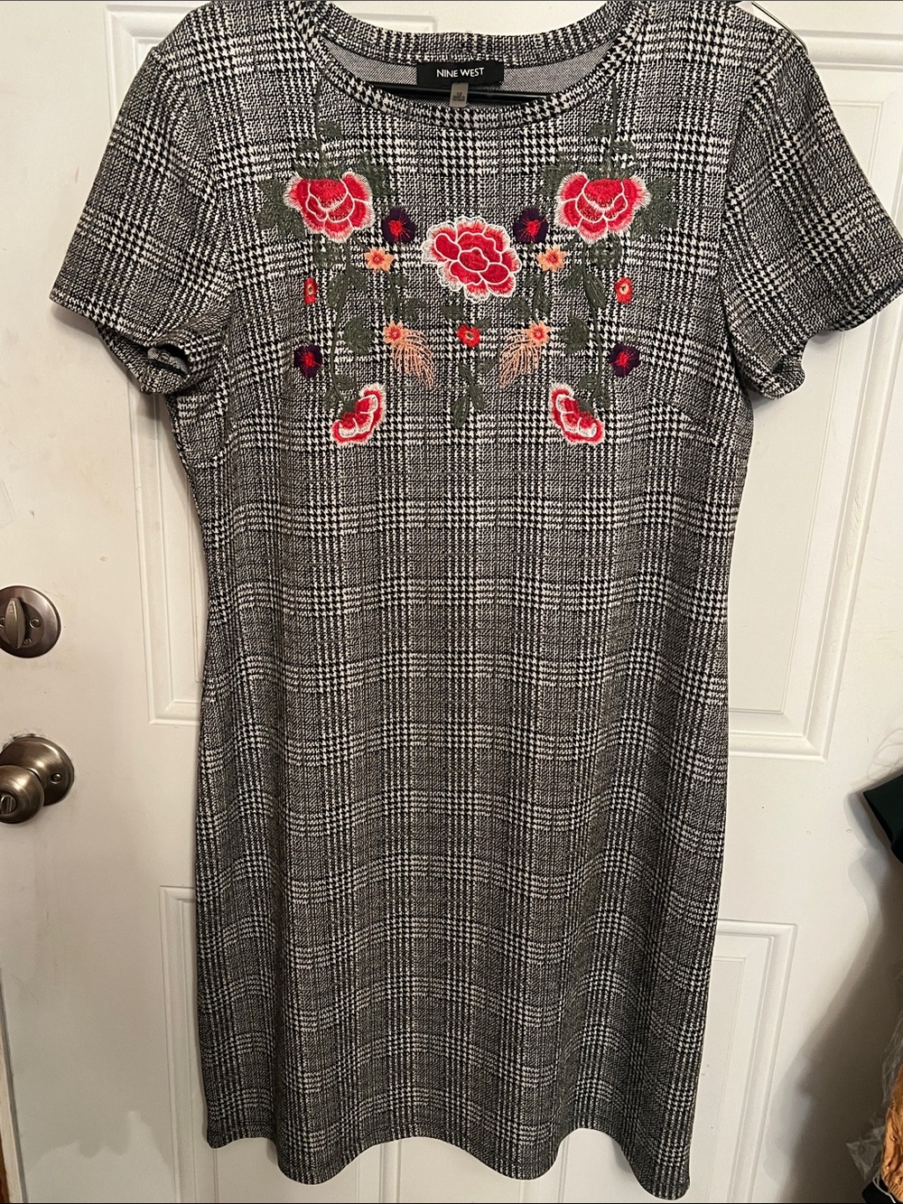 Nine West Black & White Plaid Midi Dress with Red Floral Embroidery